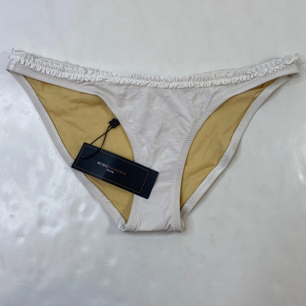 BCBG Max Azria Womens White Ruffle Bikini Swim Bottom Size Large